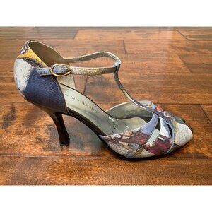 Sergio Bustamante Surrealism Blue Leather Print Peep Toe Heel, Size 8.5 est